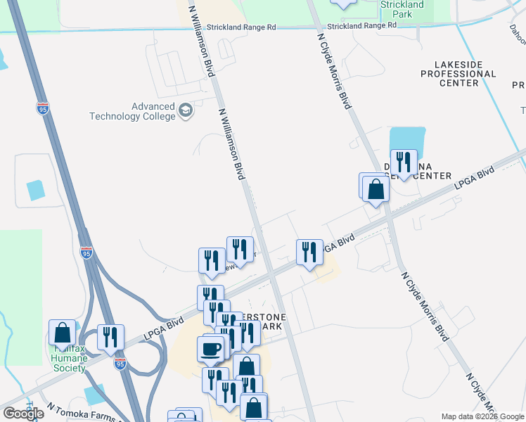 map of restaurants, bars, coffee shops, grocery stores, and more near 100 Sands Parc Boulevard in Daytona Beach