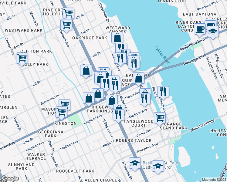 map of restaurants, bars, coffee shops, grocery stores, and more near 220 Mason Avenue in Daytona Beach