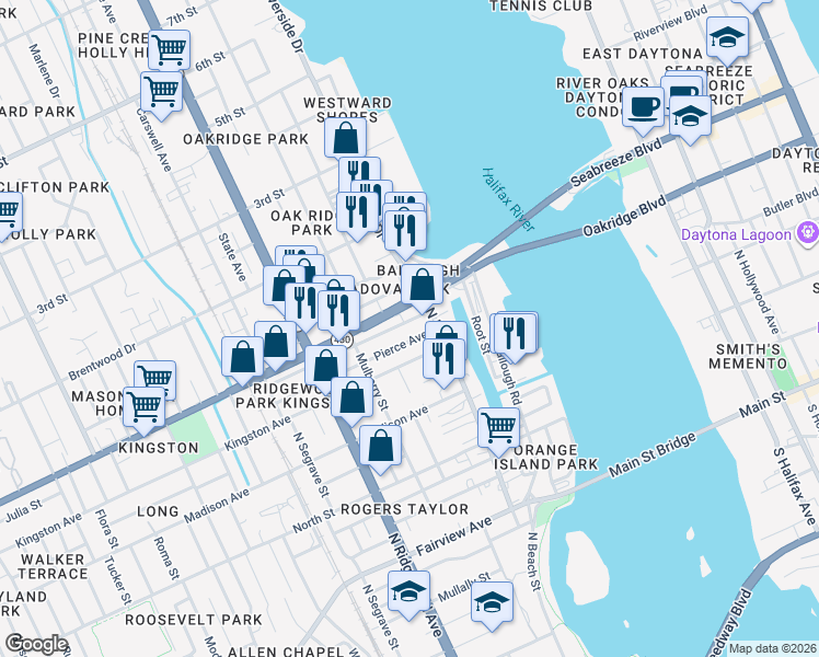 map of restaurants, bars, coffee shops, grocery stores, and more near 115 Congress Avenue in Daytona Beach