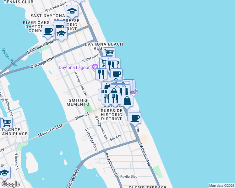 map of restaurants, bars, coffee shops, grocery stores, and more near 39 North Atlantic Avenue in Daytona Beach