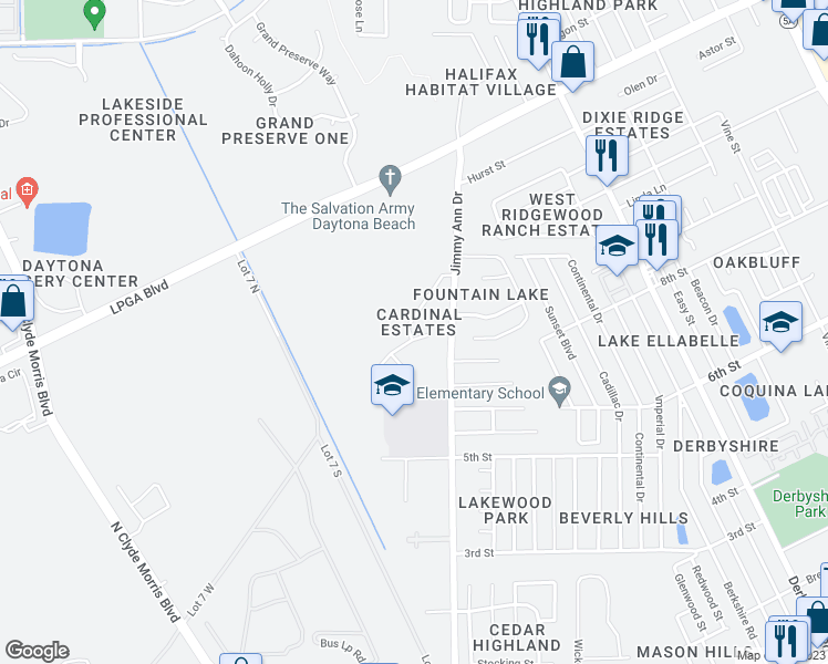 map of restaurants, bars, coffee shops, grocery stores, and more near 10 Starling Drive in Daytona Beach
