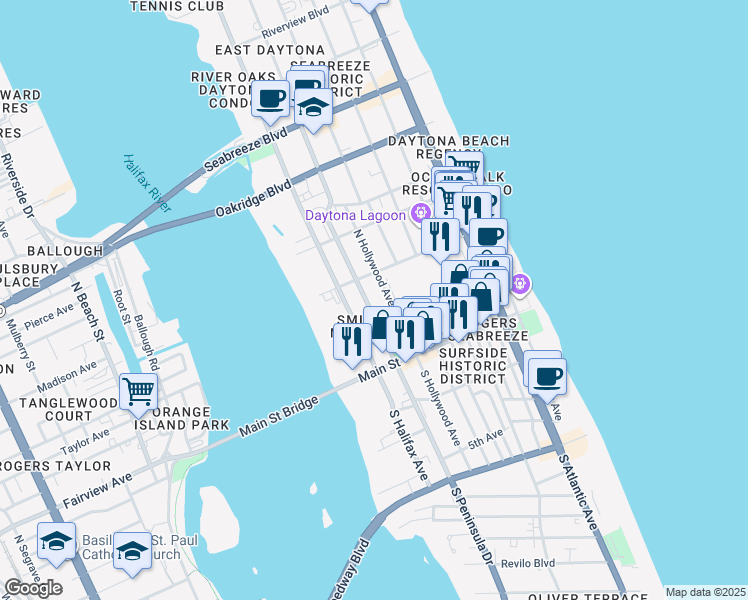 map of restaurants, bars, coffee shops, grocery stores, and more near 120 N Peninsula Dr in Daytona Beach