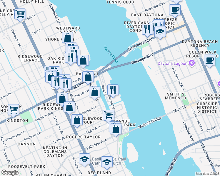map of restaurants, bars, coffee shops, grocery stores, and more near 751 Ballough Road in Daytona Beach