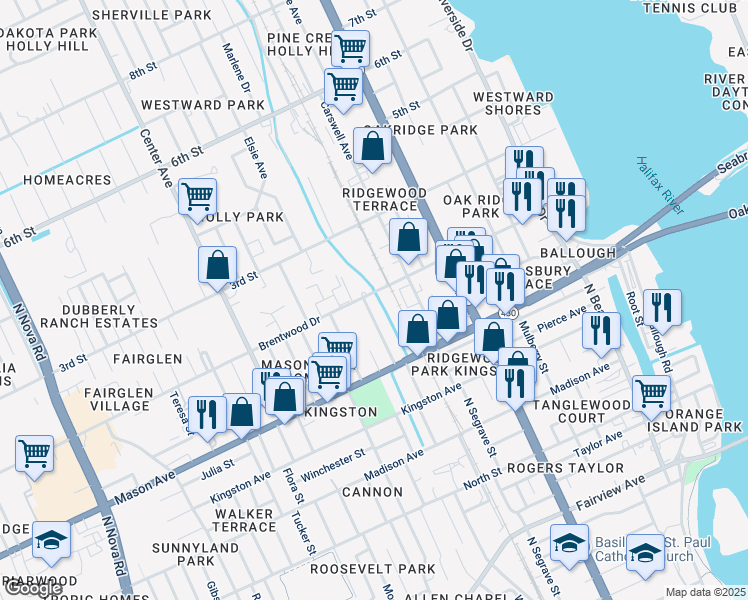 map of restaurants, bars, coffee shops, grocery stores, and more near 407 Brentwood Drive in Daytona Beach
