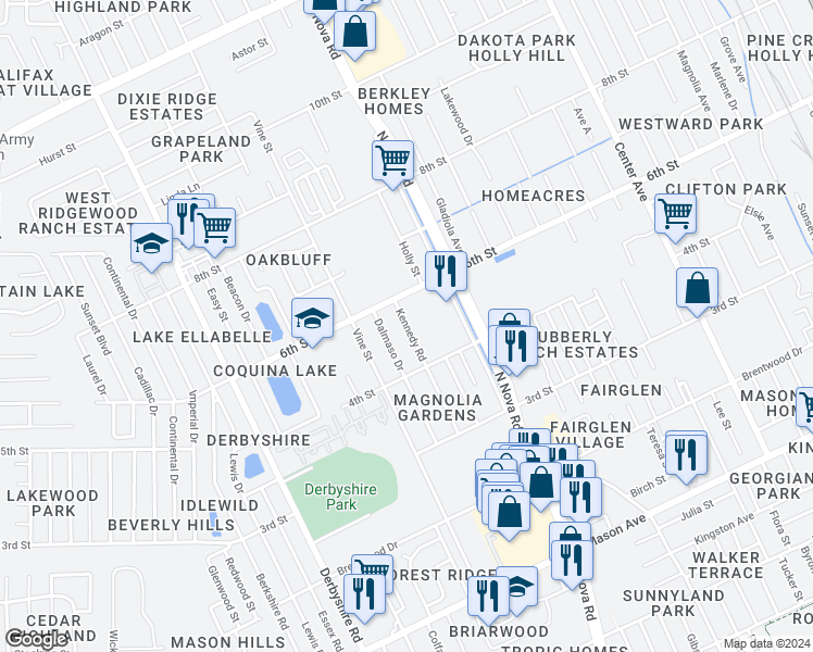 map of restaurants, bars, coffee shops, grocery stores, and more near 1225 Kennedy Road in Daytona Beach