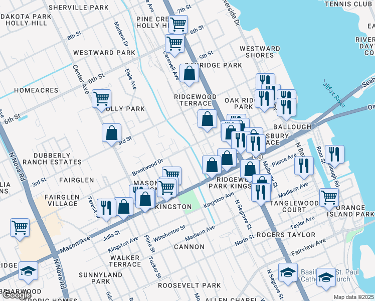 map of restaurants, bars, coffee shops, grocery stores, and more near 407 Brentwood Drive in Daytona Beach