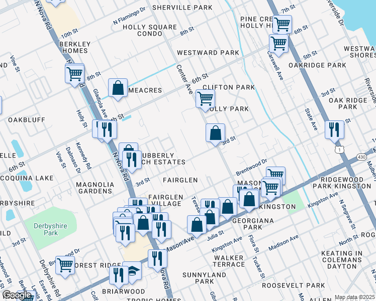 map of restaurants, bars, coffee shops, grocery stores, and more near 304 Cavanah Drive in Daytona Beach