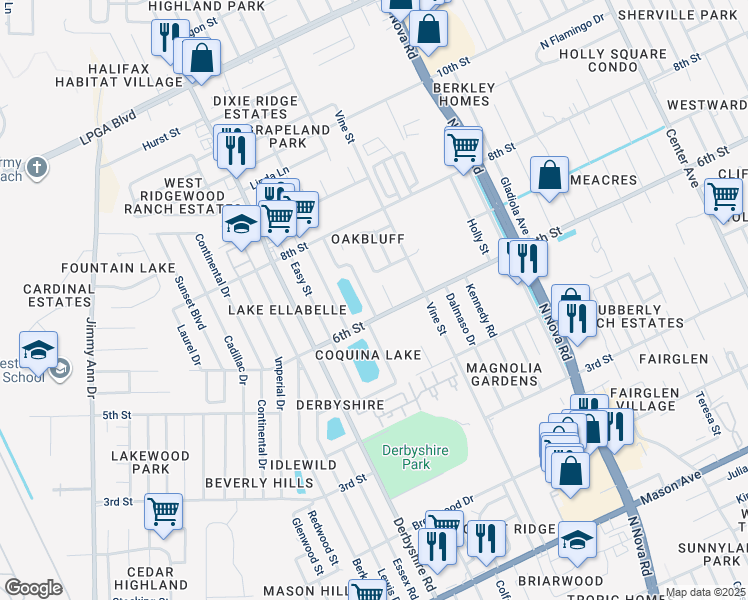 map of restaurants, bars, coffee shops, grocery stores, and more near 605 Williamsburg Drive in Daytona Beach