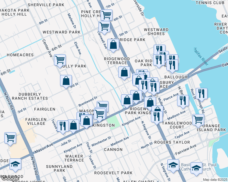 map of restaurants, bars, coffee shops, grocery stores, and more near 407 Brentwood Drive in Daytona Beach