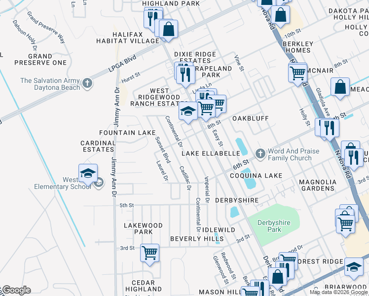 map of restaurants, bars, coffee shops, grocery stores, and more near 1351 Continental Drive in Daytona Beach
