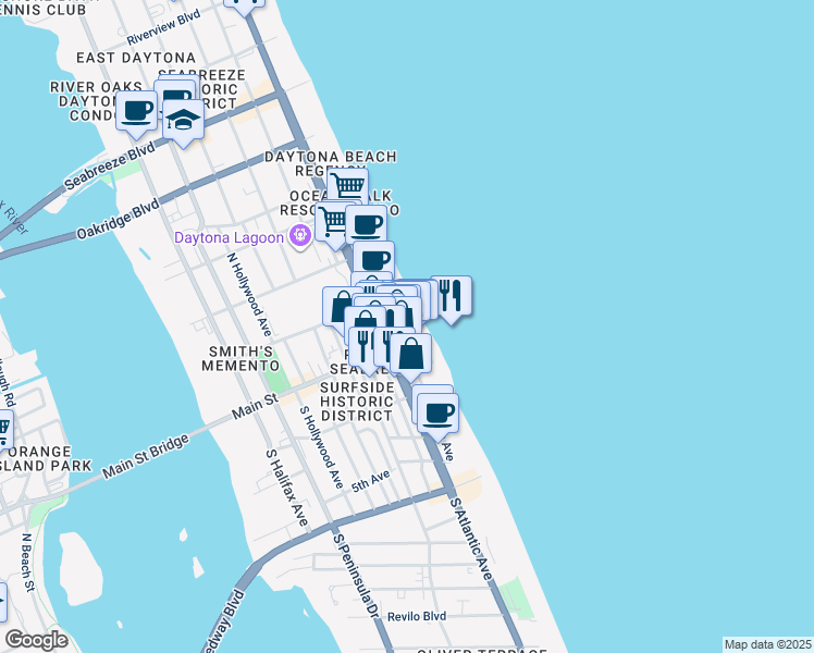 map of restaurants, bars, coffee shops, grocery stores, and more near 15 Boardwalk in Daytona Beach