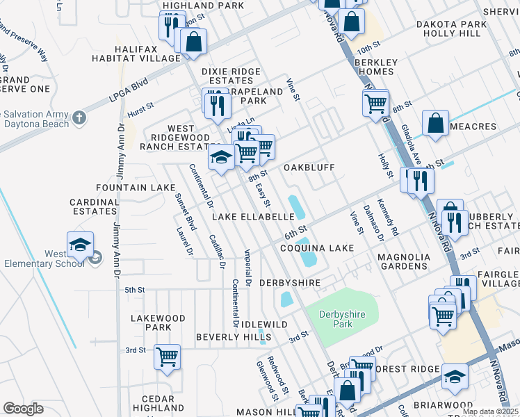map of restaurants, bars, coffee shops, grocery stores, and more near 921 Derbyshire Road in Daytona Beach