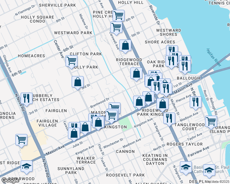 map of restaurants, bars, coffee shops, grocery stores, and more near 464 Brentwood Drive in Daytona Beach