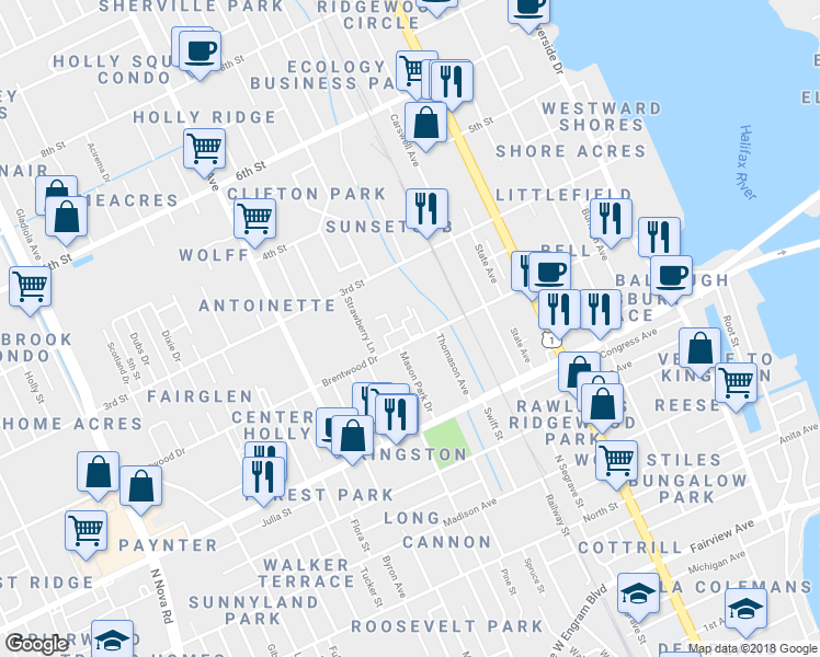 map of restaurants, bars, coffee shops, grocery stores, and more near 470 Brentwood Drive in Daytona Beach