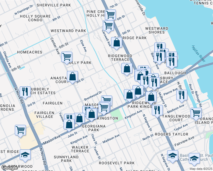 map of restaurants, bars, coffee shops, grocery stores, and more near 470 Brentwood Drive in Daytona Beach