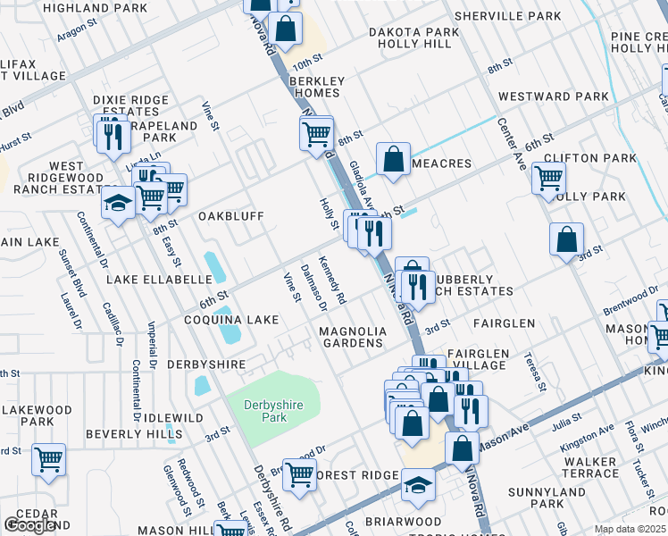 map of restaurants, bars, coffee shops, grocery stores, and more near 1225 Kennedy Road in Daytona Beach