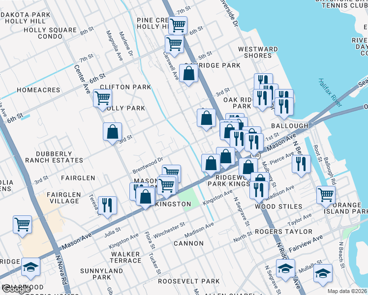 map of restaurants, bars, coffee shops, grocery stores, and more near 414 Brentwood Drive in Daytona Beach