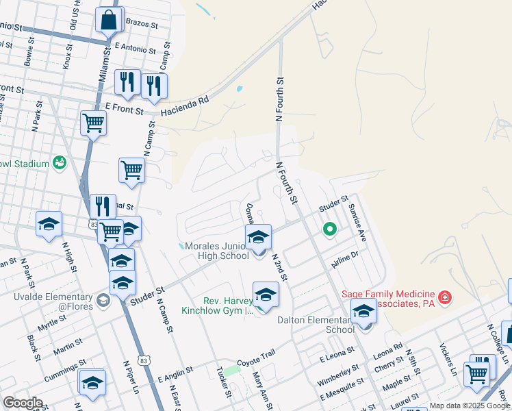 map of restaurants, bars, coffee shops, grocery stores, and more near 5 Buena Vista Cir in Uvalde