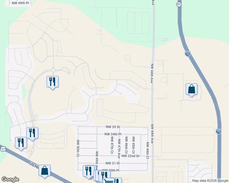 map of restaurants, bars, coffee shops, grocery stores, and more near 3915 Northwest 47th Avenue in Ocala
