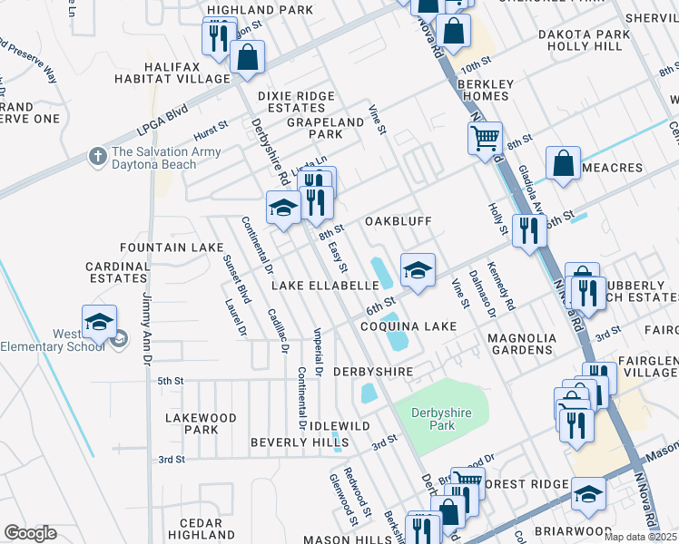 map of restaurants, bars, coffee shops, grocery stores, and more near 921 Derbyshire Road in Daytona Beach