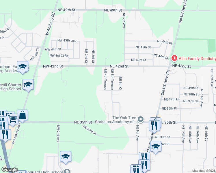 map of restaurants, bars, coffee shops, grocery stores, and more near 3951 Northeast 4th Terrace in Ocala