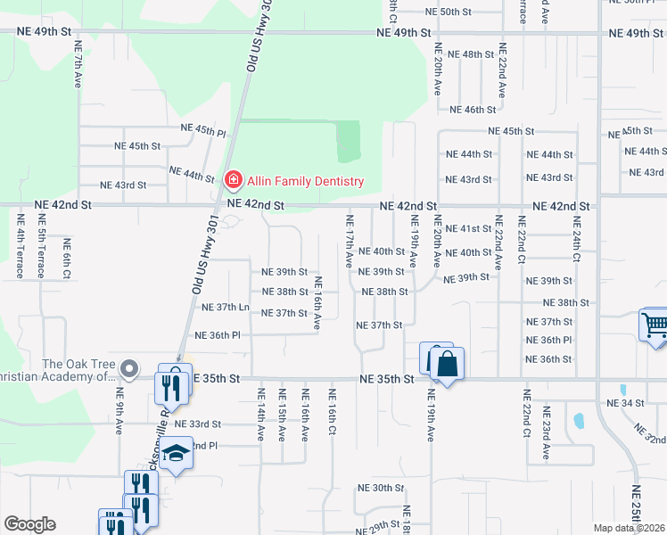 map of restaurants, bars, coffee shops, grocery stores, and more near 3844 Northeast 16th Court in Ocala