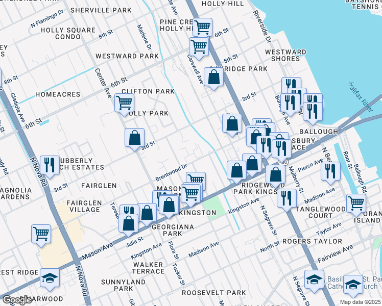 map of restaurants, bars, coffee shops, grocery stores, and more near 470 Brentwood Drive in Daytona Beach