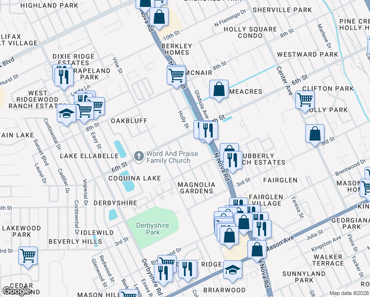 map of restaurants, bars, coffee shops, grocery stores, and more near 1225 Kennedy Road in Daytona Beach