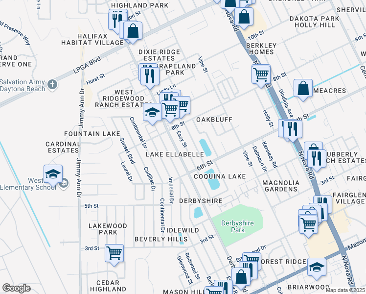 map of restaurants, bars, coffee shops, grocery stores, and more near 921 Derbyshire Road in Daytona Beach