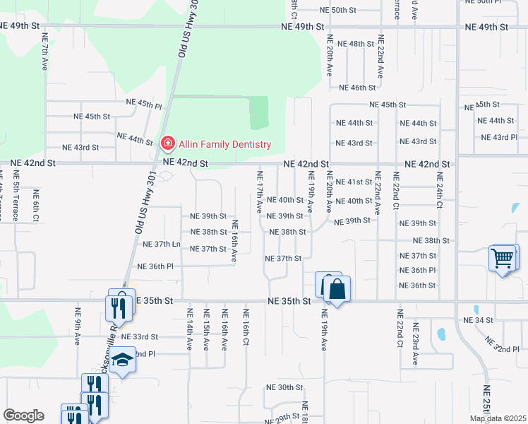 map of restaurants, bars, coffee shops, grocery stores, and more near 1727 Northeast 39th Street in Ocala