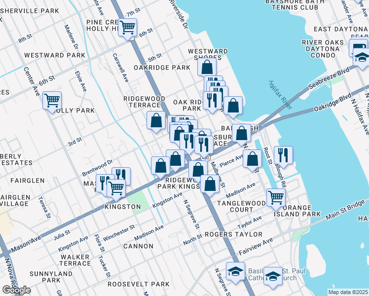 map of restaurants, bars, coffee shops, grocery stores, and more near 105 Ridgewood Avenue in Holly Hill