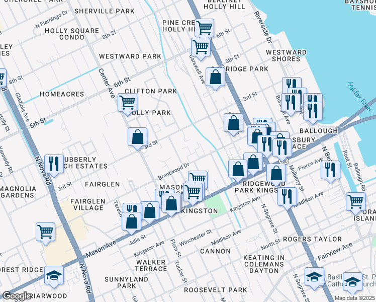map of restaurants, bars, coffee shops, grocery stores, and more near 470 Brentwood Drive in Daytona Beach