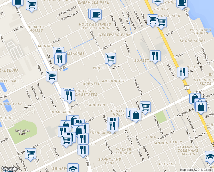 map of restaurants, bars, coffee shops, grocery stores, and more near 610 3rd Street in Daytona Beach