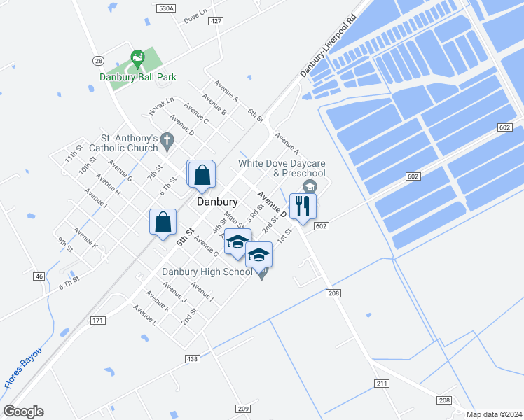map of restaurants, bars, coffee shops, grocery stores, and more near 5415 3 Road Street in Danbury