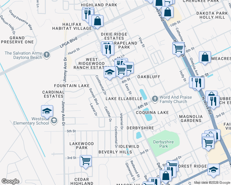 map of restaurants, bars, coffee shops, grocery stores, and more near 1254 Essex Road in Daytona Beach