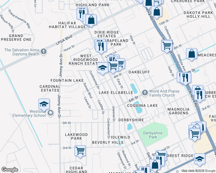 map of restaurants, bars, coffee shops, grocery stores, and more near 1254 Essex Road in Daytona Beach
