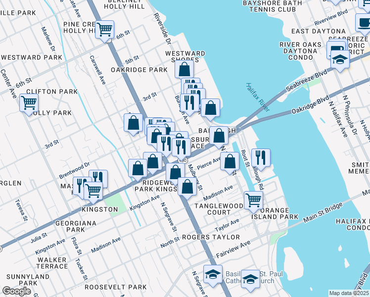 map of restaurants, bars, coffee shops, grocery stores, and more near 220 Mason Avenue in Holly Hill