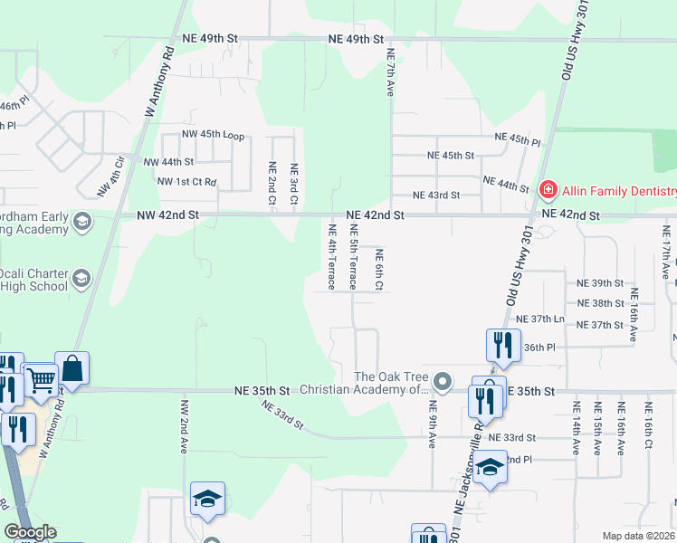 map of restaurants, bars, coffee shops, grocery stores, and more near 3951 Northeast 4th Terrace in Ocala