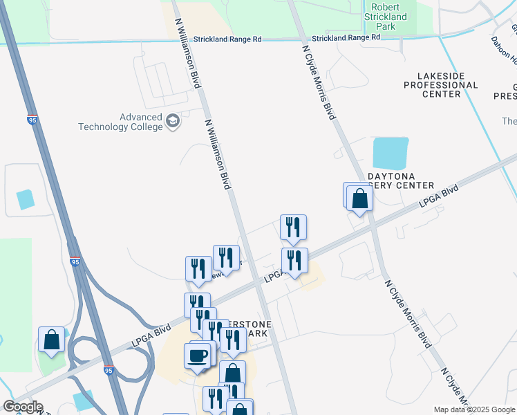 map of restaurants, bars, coffee shops, grocery stores, and more near 100 Sands Parc Boulevard in Daytona Beach
