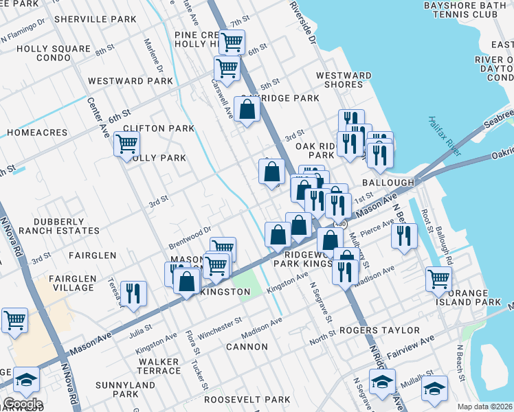 map of restaurants, bars, coffee shops, grocery stores, and more near 640 2nd St in Daytona Beach