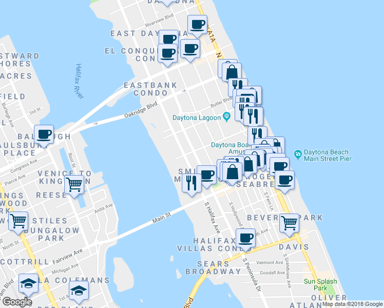 map of restaurants, bars, coffee shops, grocery stores, and more near 134 North Halifax Avenue in Daytona Beach