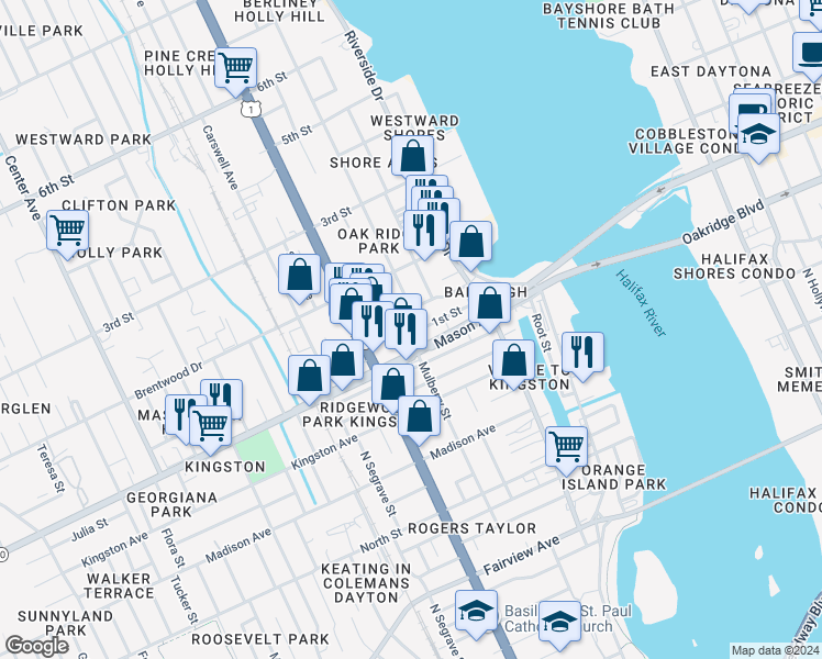 map of restaurants, bars, coffee shops, grocery stores, and more near 124 Daytona Avenue in Daytona Beach