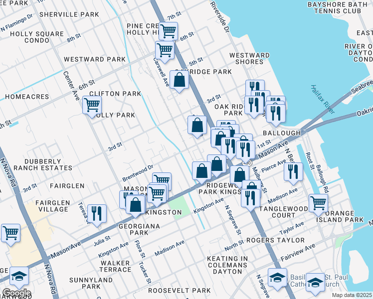 map of restaurants, bars, coffee shops, grocery stores, and more near 640 2nd Street in Holly Hill