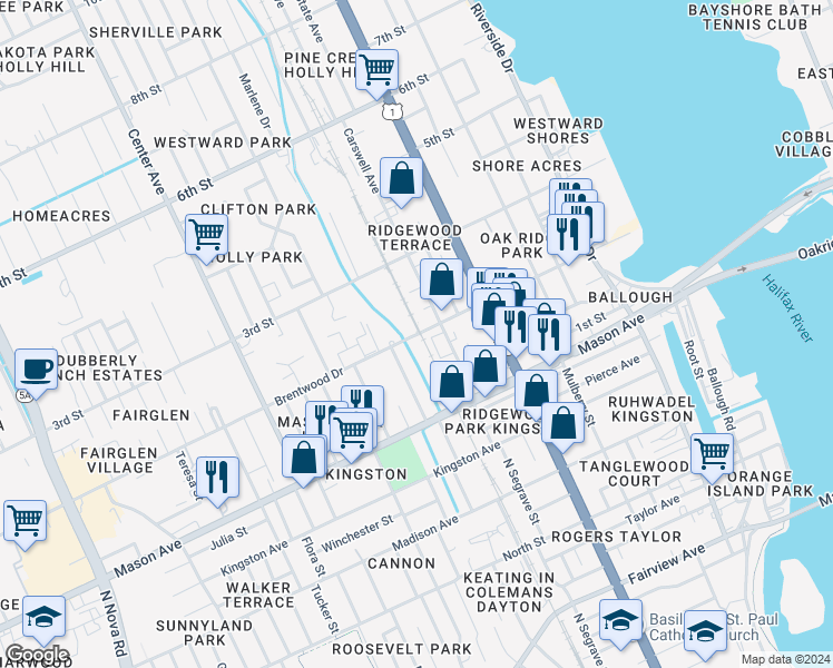 map of restaurants, bars, coffee shops, grocery stores, and more near 640 2nd Street in Holly Hill