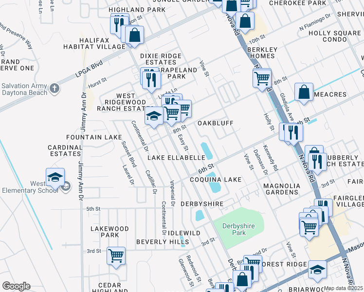 map of restaurants, bars, coffee shops, grocery stores, and more near 921 Derbyshire Road in Daytona Beach