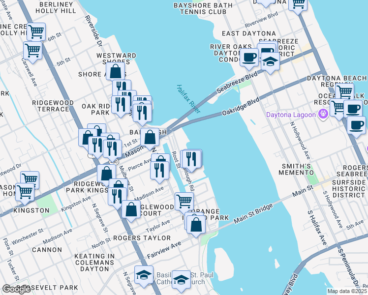 map of restaurants, bars, coffee shops, grocery stores, and more near 751 Ballough Road in Daytona Beach