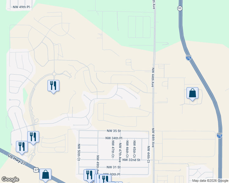 map of restaurants, bars, coffee shops, grocery stores, and more near 4747 Northwest 35th Lane Road in Ocala