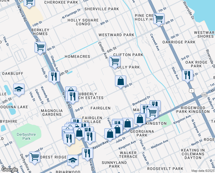 map of restaurants, bars, coffee shops, grocery stores, and more near 304 Cavanah Drive in Holly Hill