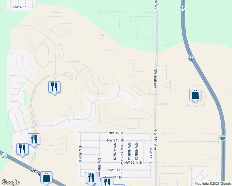 map of restaurants, bars, coffee shops, grocery stores, and more near 4747 Northwest 35th Lane Road in Ocala