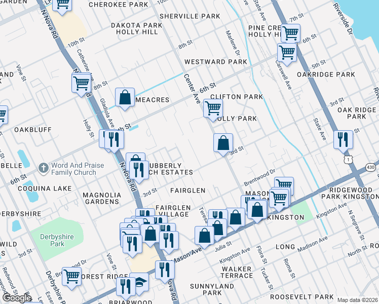map of restaurants, bars, coffee shops, grocery stores, and more near 304 Cavanah Drive in Holly Hill